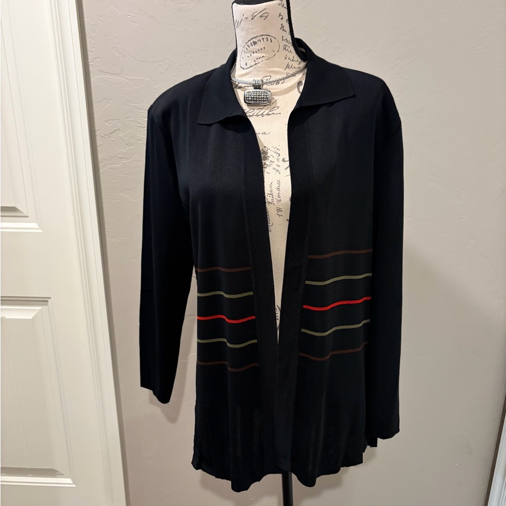 Misook Black Cardigan with Red and Green Stripes